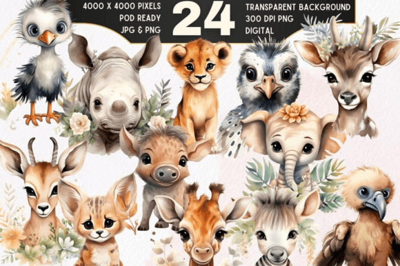 Download 24 Boho Baby Safari Animals Clipart Set - Safari animal Collection